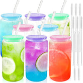 8 pack 16 OZ Glass Cups with Acrylic Lids and Straws ( Multi Light Lids ) / Case of 6